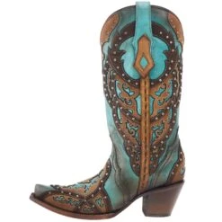 Corral Women's Tan Embroidery-Turquoise Overlay 13 In Top Snip Toe Boot -Western Denim Store C3943 03